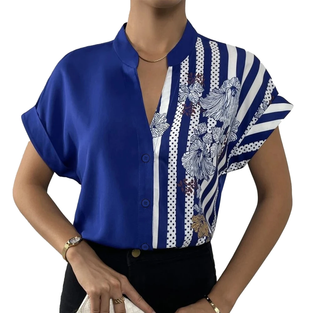 Short Sleeve Button Up Shirt Women Loose Casual Pure Color Floral Print Color Block Splicing Blouse Top Blue XL