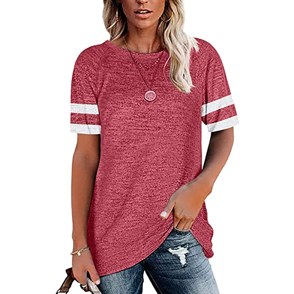 Women Short Sleeve T Shirts Summer Casual Loose Contrast Color Women Short Sleeve Round Neck Blouse Tops Pink L