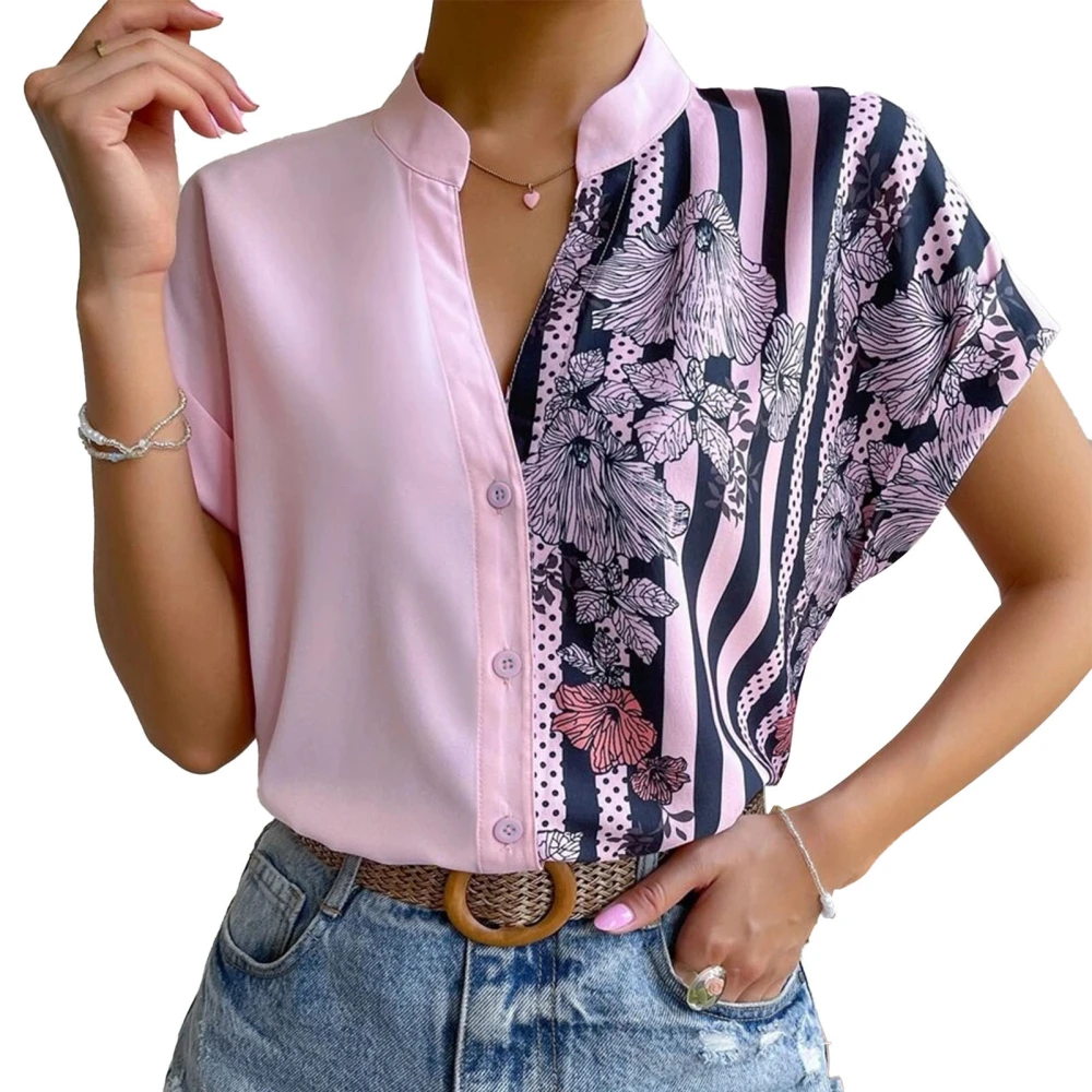 Short Sleeve Button Up Shirt Women Loose Casual Pure Color Floral Print Color Block Splicing Blouse Top Pink L