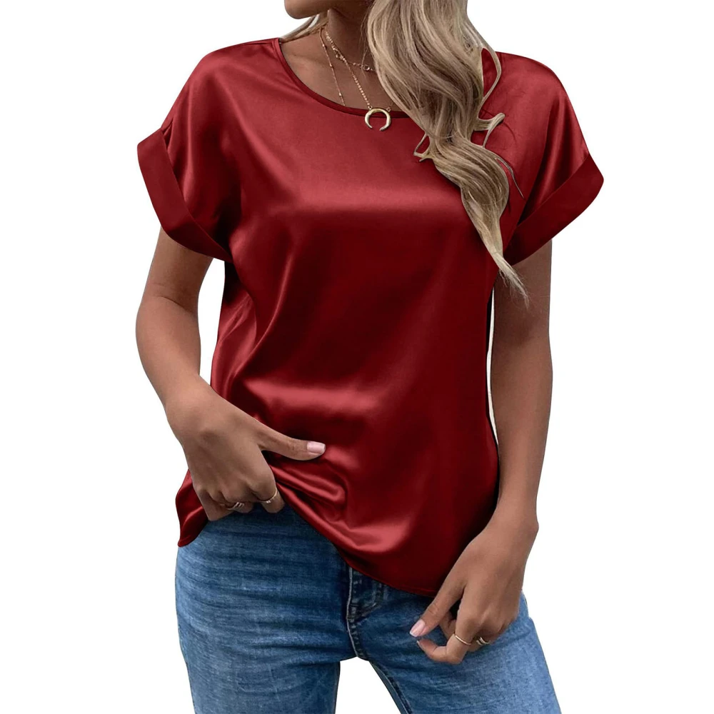 Short Sleeve Blouse Round Neck Pure Color Casual Comfortable Breathable Skin Friendly Top for Women Wine Red S