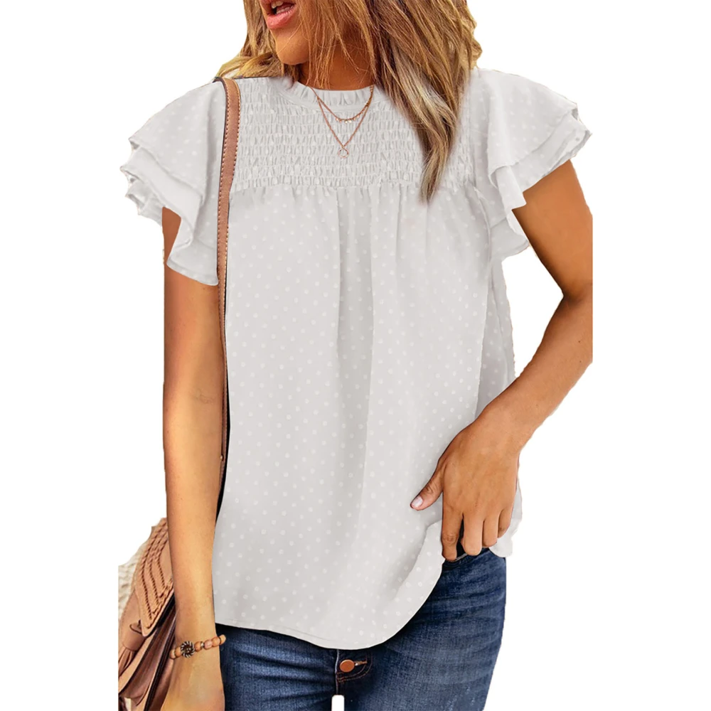 Womens Crewneck Flowy Chiffon Shirt Frill Trim Short Cap Sleeve Dot Print Loose Fitting Tee Top White S