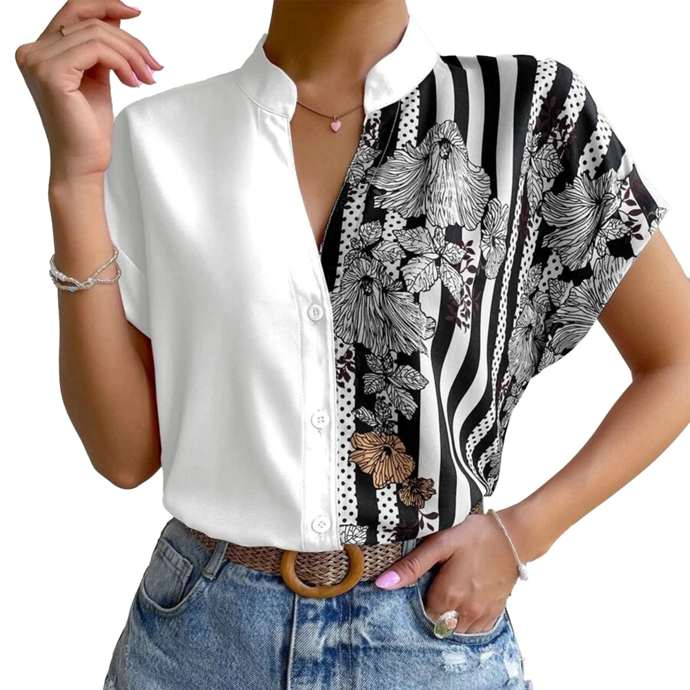 Short Sleeve Button Up Shirt Women Loose Casual Pure Color Floral Print Color Block Splicing Blouse Top White XL