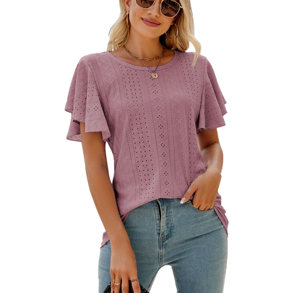 Women T Shirt Ruffle Short Sleeve Round Neck Hollow Out Pure Color Casual Lady Blouse for Daily Work Dating Lotus Root Pink L