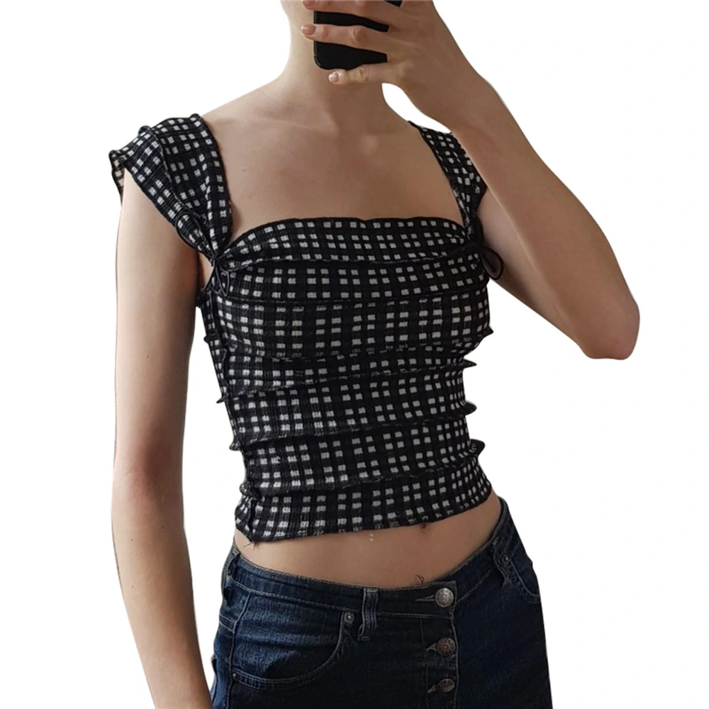 Women Tank Top Wide Straps Plaid Pattern Slim Fitting Short Type Casual Sleeveless Vest Black M