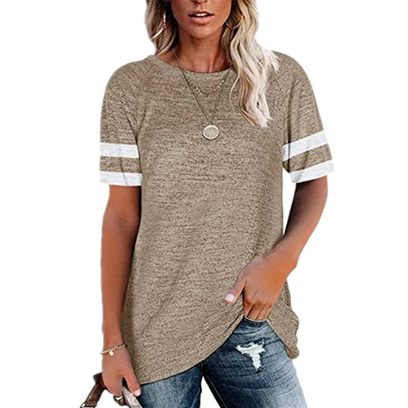 Women Short Sleeve T Shirts Summer Casual Loose Contrast Color Women Short Sleeve Round Neck Blouse Tops Khaki XL