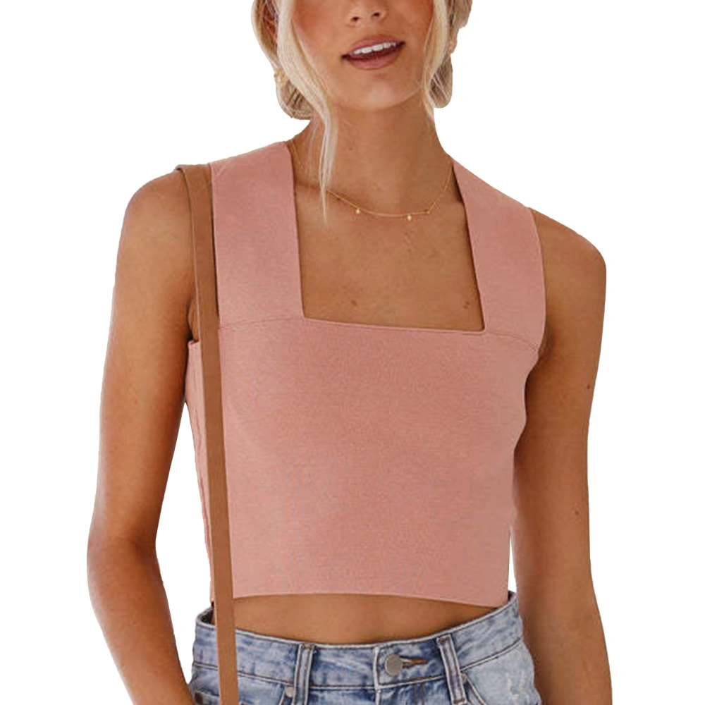 Thick Strap Tank Top Sleeveless Pure Color Stretchy Slim Fitted Basic Tank Shirt for Summer Female Pink S