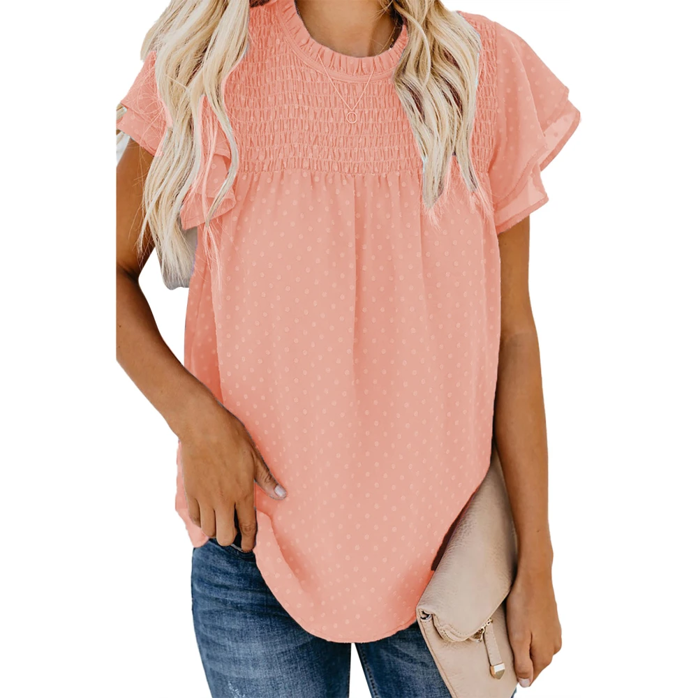 Womens Crewneck Flowy Chiffon Shirt Frill Trim Short Cap Sleeve Dot Print Loose Fitting Tee Top Pink XXL