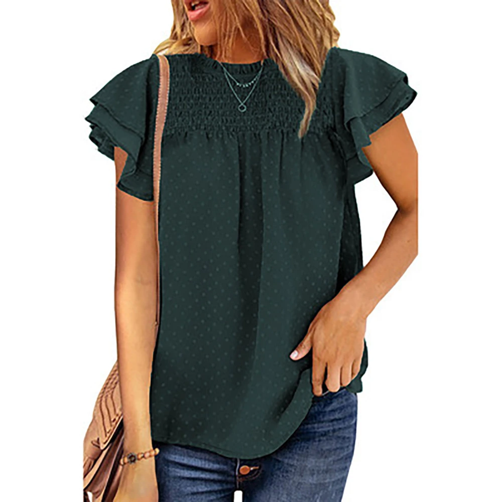 Womens Crewneck Flowy Chiffon Shirt Frill Trim Short Cap Sleeve Dot Print Loose Fitting Tee Top Green M