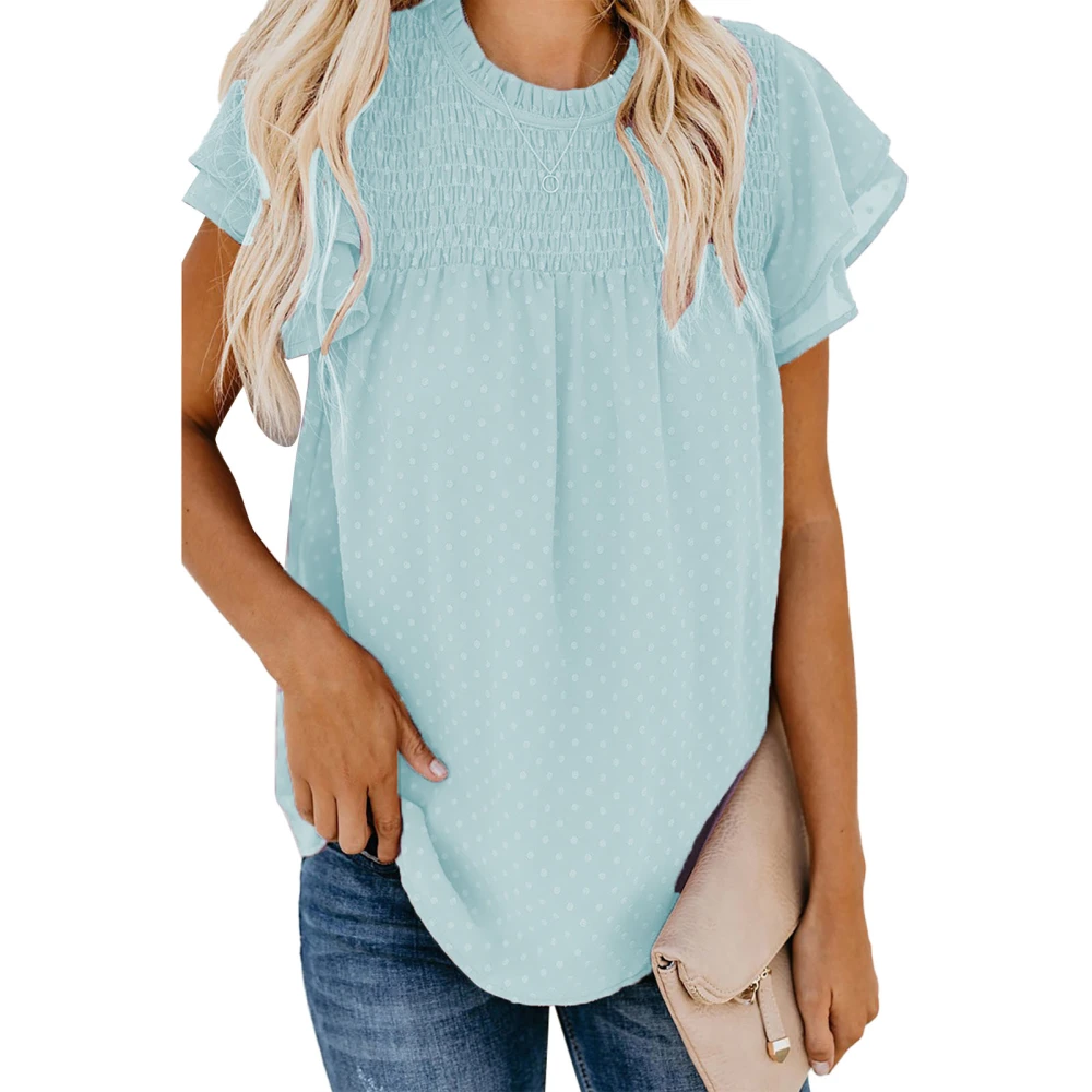 Womens Crewneck Flowy Chiffon Shirt Frill Trim Short Cap Sleeve Dot Print Loose Fitting Tee Top Sky Blue S