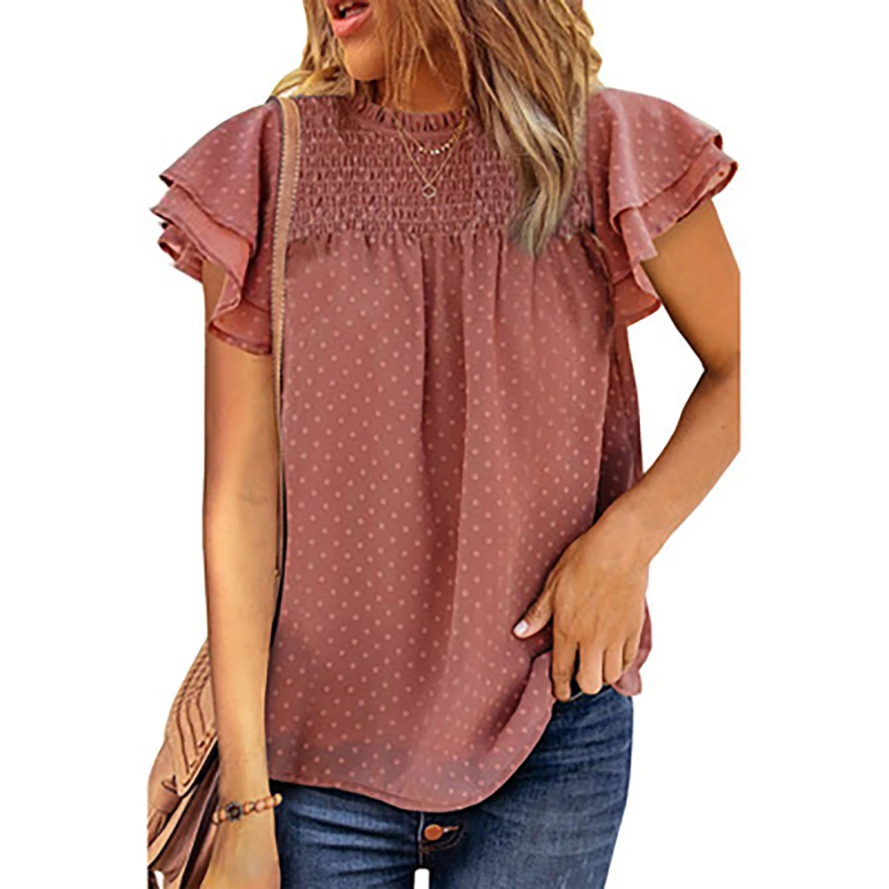 Womens Crewneck Flowy Chiffon Shirt Frill Trim Short Cap Sleeve Dot Print Loose Fitting Tee Top Rusty Red L