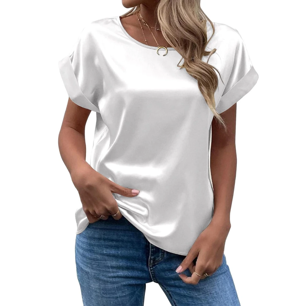 Short Sleeve Blouse Round Neck Pure Color Casual Comfortable Breathable Skin Friendly Top for Women White XXL