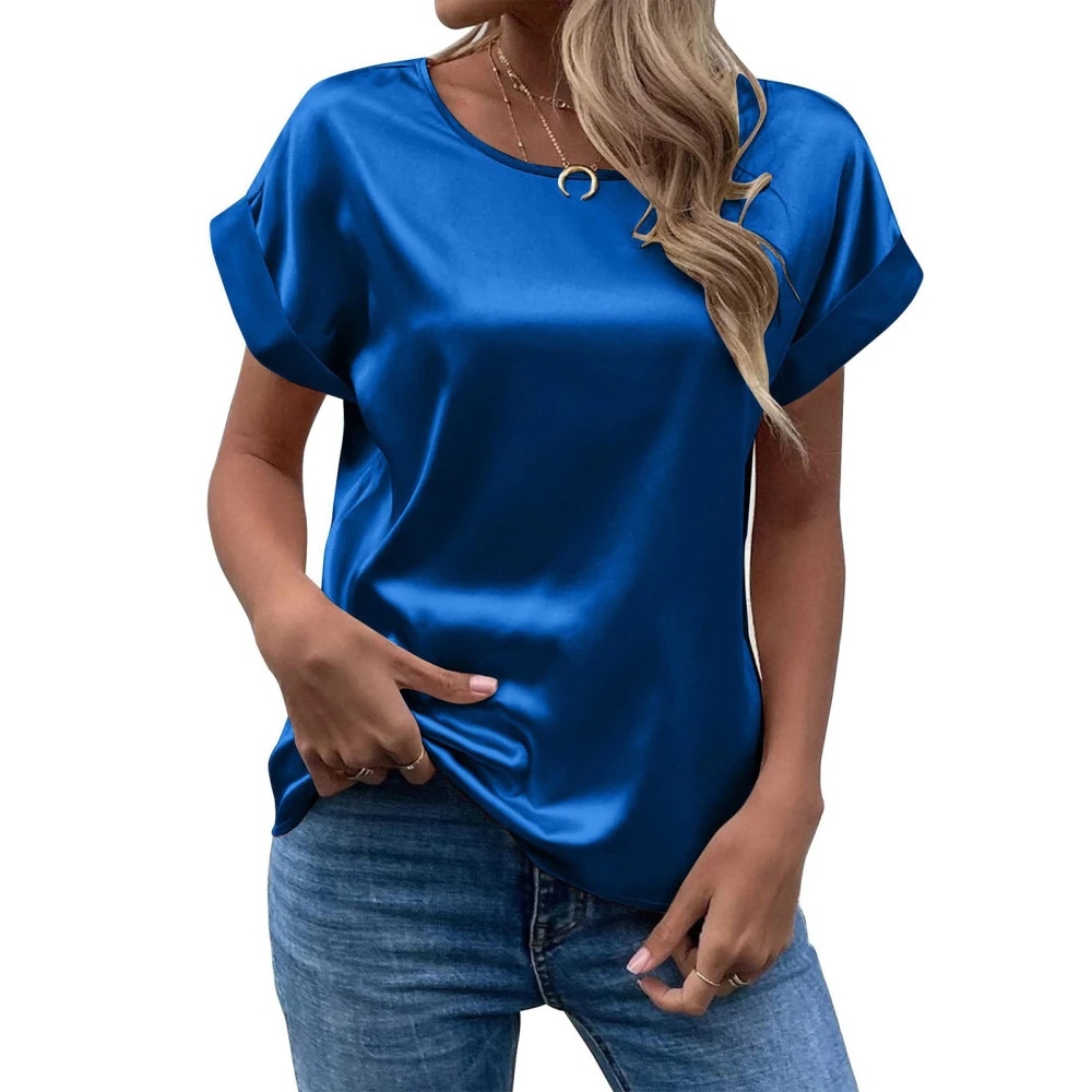 Short Sleeve Blouse Round Neck Pure Color Casual Comfortable Breathable Skin Friendly Top for Women Blue S