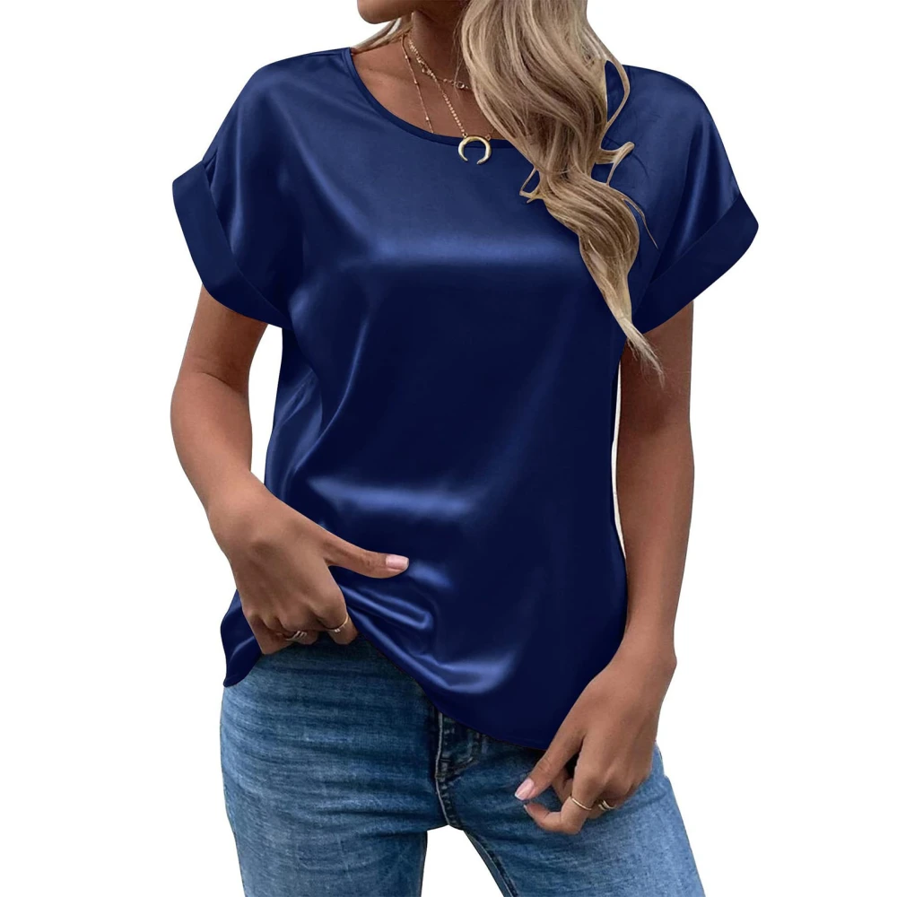 Short Sleeve Blouse Round Neck Pure Color Casual Comfortable Breathable Skin Friendly Top for Women Purplish Blue XXL