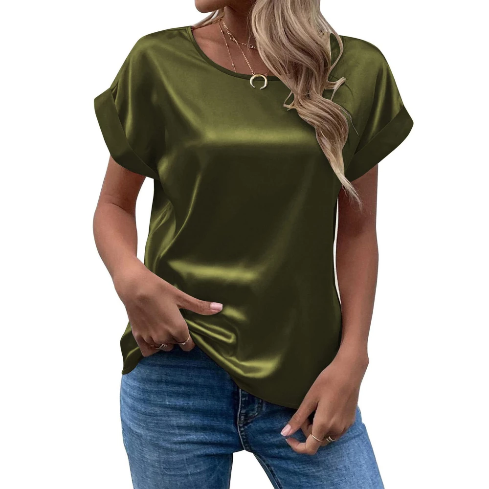 Short Sleeve Blouse Round Neck Pure Color Casual Comfortable Breathable Skin Friendly Top for Women OD Green L