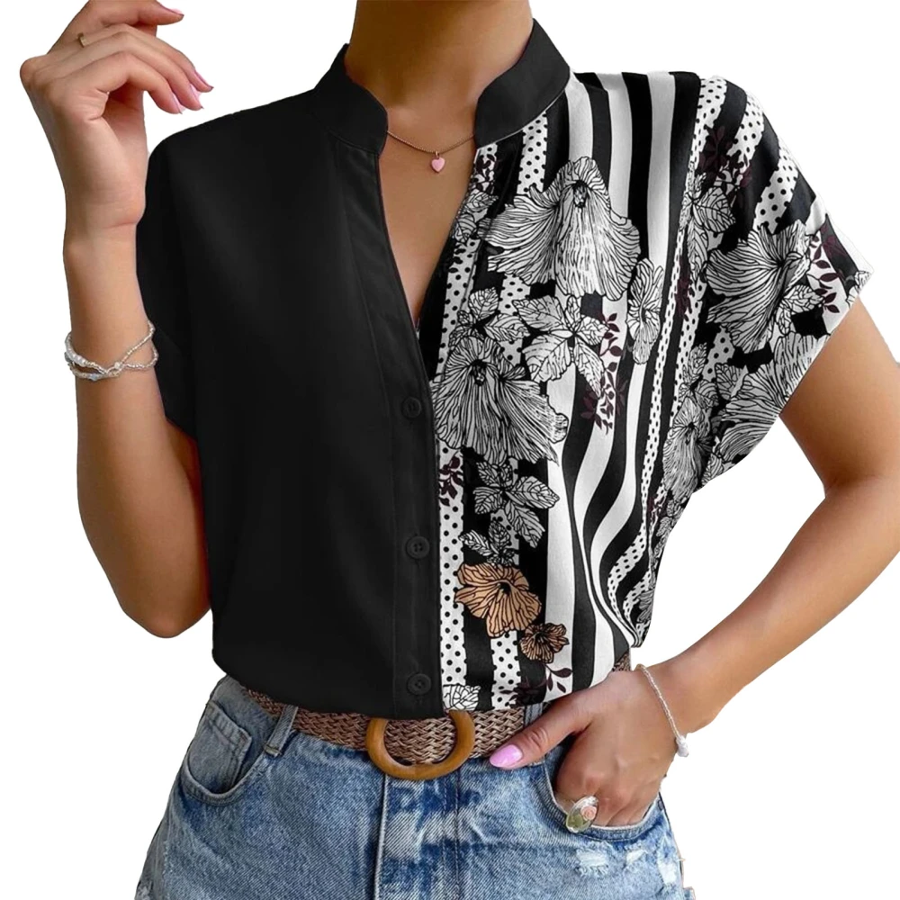 Short Sleeve Button Up Shirt Women Loose Casual Pure Color Floral Print Color Block Splicing Blouse Top Black L