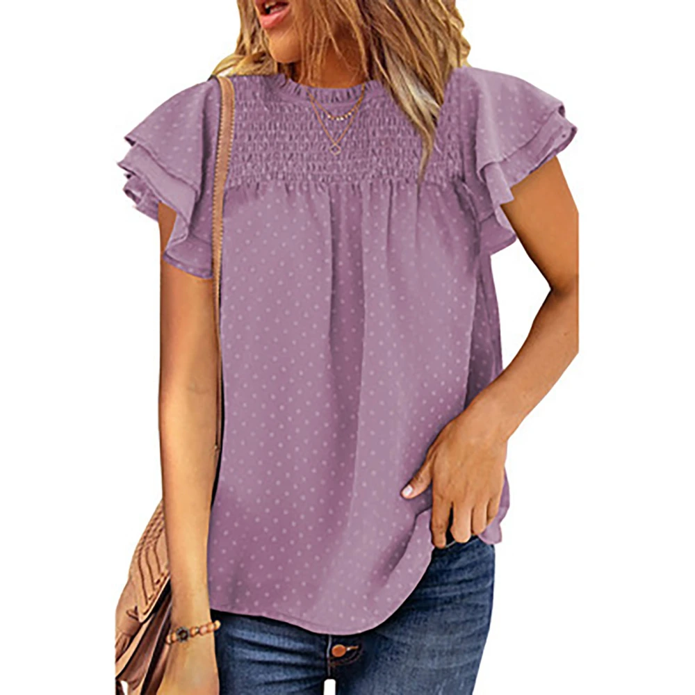 Womens Crewneck Flowy Chiffon Shirt Frill Trim Short Cap Sleeve Dot Print Loose Fitting Tee Top Purple S