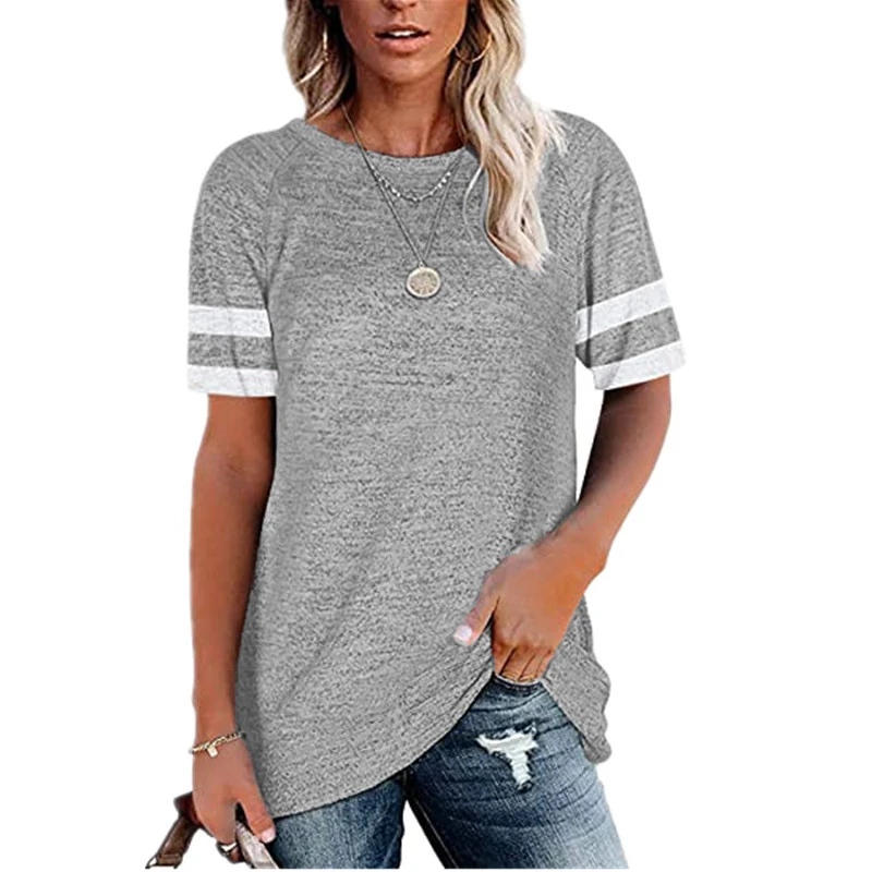 Women Short Sleeve T Shirts Summer Casual Loose Contrast Color Women Short Sleeve Round Neck Blouse Tops Grey XL