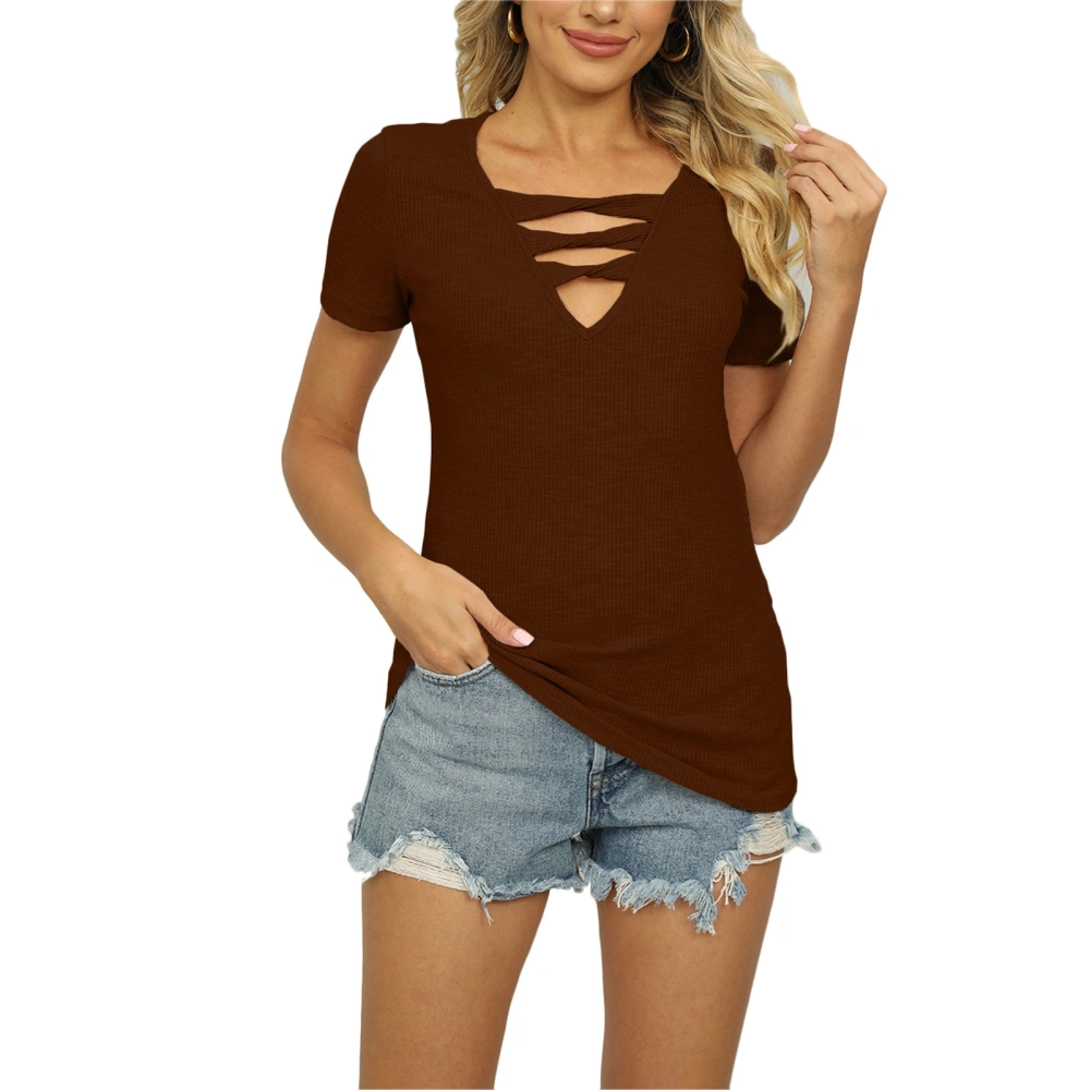 Women Cut Out V Neck Top Short Sleeve Summer T Shirt Casual Slim Fit for Daily Life Office Wear Brown M