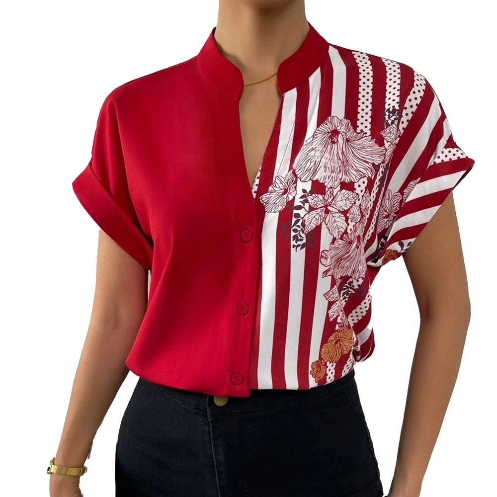 Short Sleeve Button Up Shirt Women Loose Casual Pure Color Floral Print Color Block Splicing Blouse Top Red XL