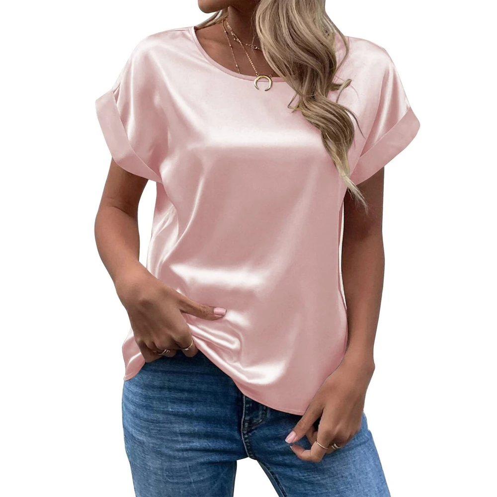 Short Sleeve Blouse Round Neck Pure Color Casual Comfortable Breathable Skin Friendly Top for Women Pink M