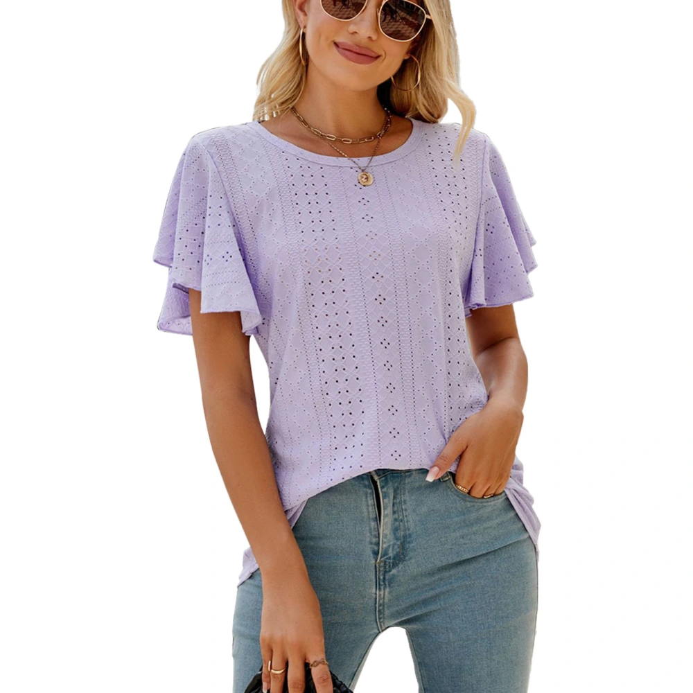 Women T Shirt Ruffle Short Sleeve Round Neck Hollow Out Pure Color Casual Lady Blouse for Daily Work Dating Purple XXL