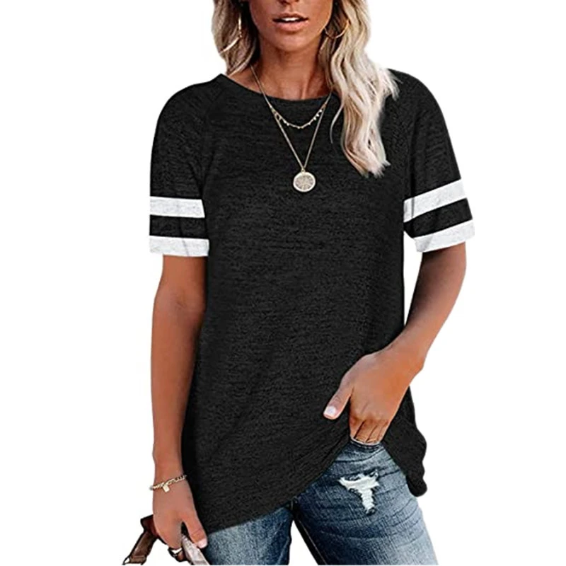 Women Short Sleeve T Shirts Summer Casual Loose Contrast Color Women Short Sleeve Round Neck Blouse Tops Black XXL