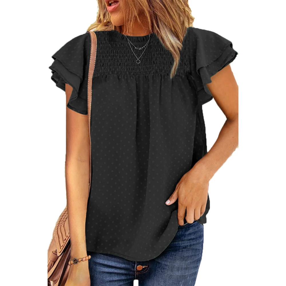 Womens Crewneck Flowy Chiffon Shirt Frill Trim Short Cap Sleeve Dot Print Loose Fitting Tee Top Black XL