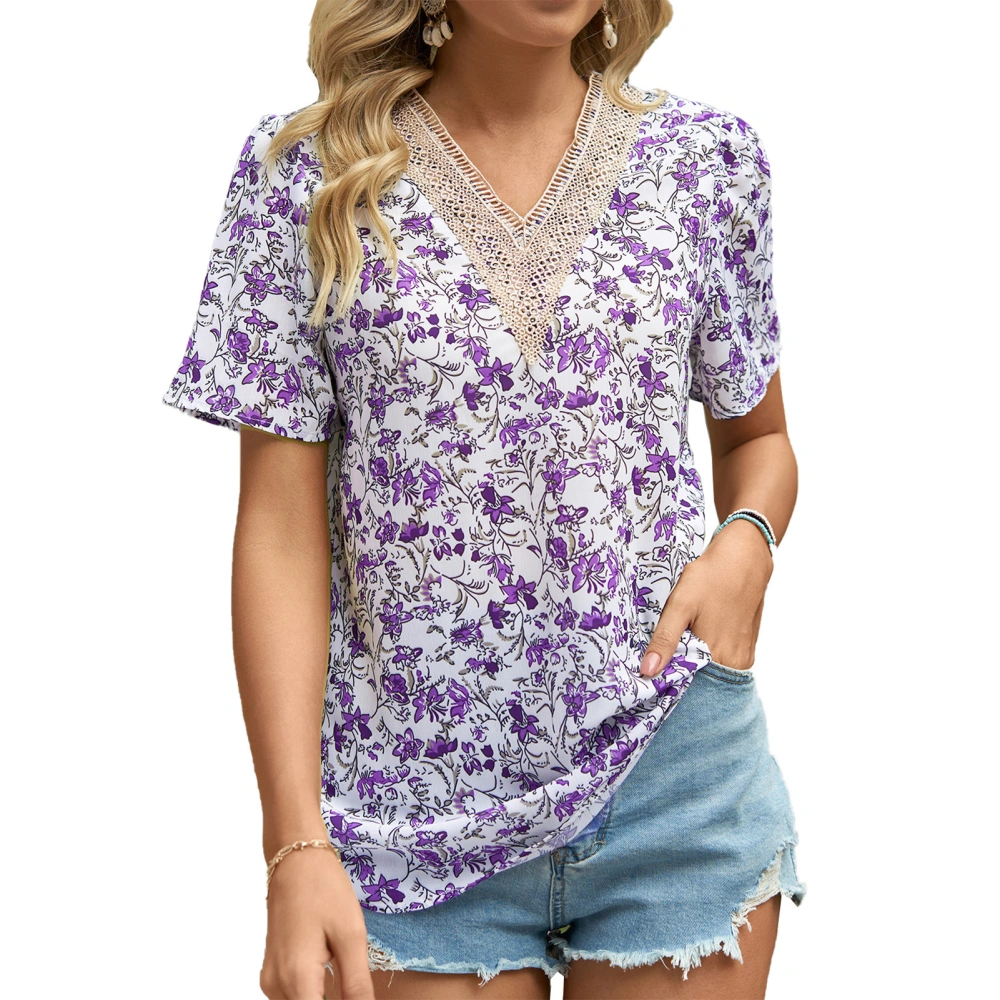 V Neck Lace Blouse Printed Short Sleeve Chiffon Casual Fit Guipure Blouse Top for Women Dating Purple Yellow M