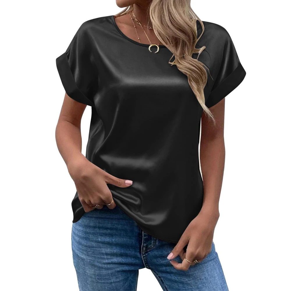 Short Sleeve Blouse Round Neck Pure Color Casual Comfortable Breathable Skin Friendly Top for Women Black M