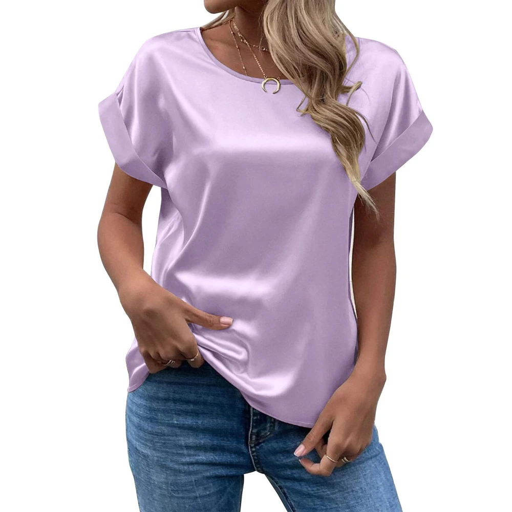 Short Sleeve Blouse Round Neck Pure Color Casual Comfortable Breathable Skin Friendly Top for Women Light Purple L