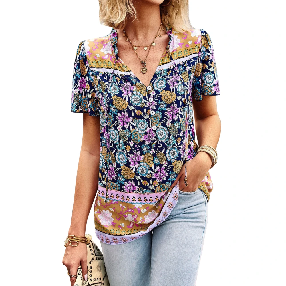 V Neck Printing Tops for Women Loose Comfortable Half Button Top for Holiday Vacation Purplish Blue XL