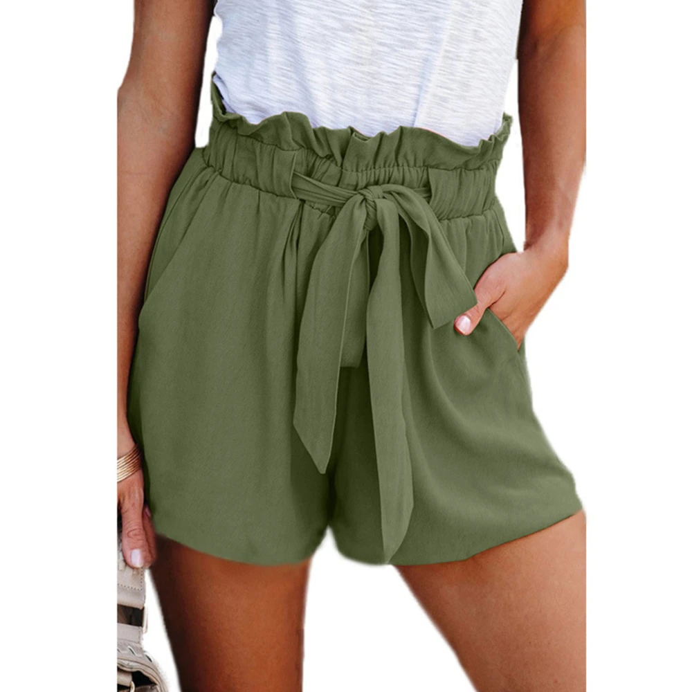 Women Shorts Tie Elastic High Waist Loose Fit Casual Pure Color Lady Wide Leg Shorts with Pockets for Daily Dating OD Green 3XL