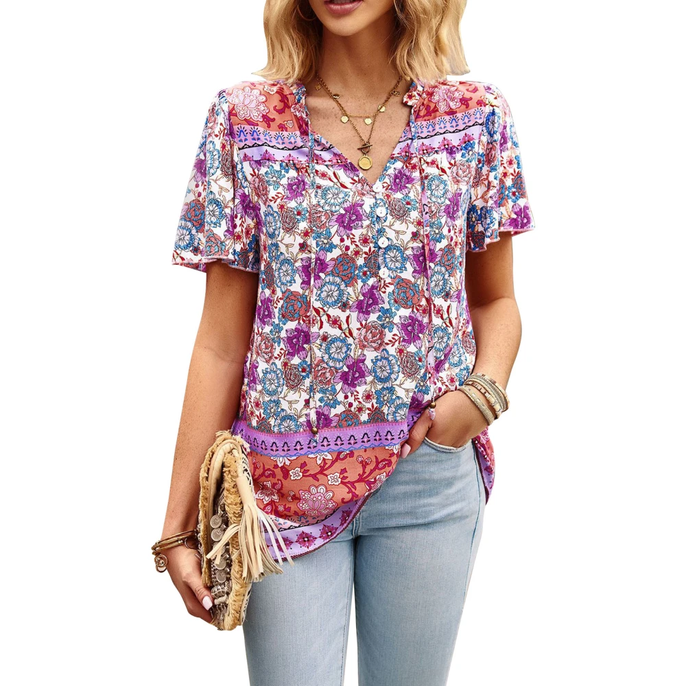 V Neck Printing Tops for Women Loose Comfortable Half Button Top for Holiday Vacation Pink XL