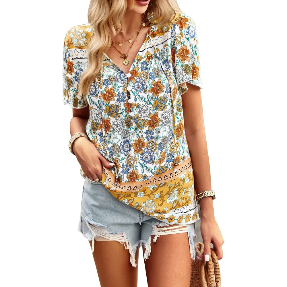 V Neck Printing Tops for Women Loose Comfortable Half Button Top for Holiday Vacation White S