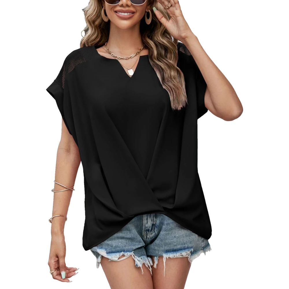 Twist Front Blouse Short Sleeve V Neck Mesh Stitching Shoulder Pure Color Front Twist Tunic Top Black XL