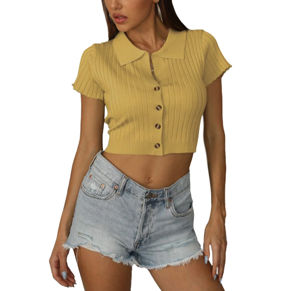 Women Short Sleeve Turn Down Collar T Shirt Slim Fit Pure Color Button Up Rib Knit Short Top for Dating Yellow M