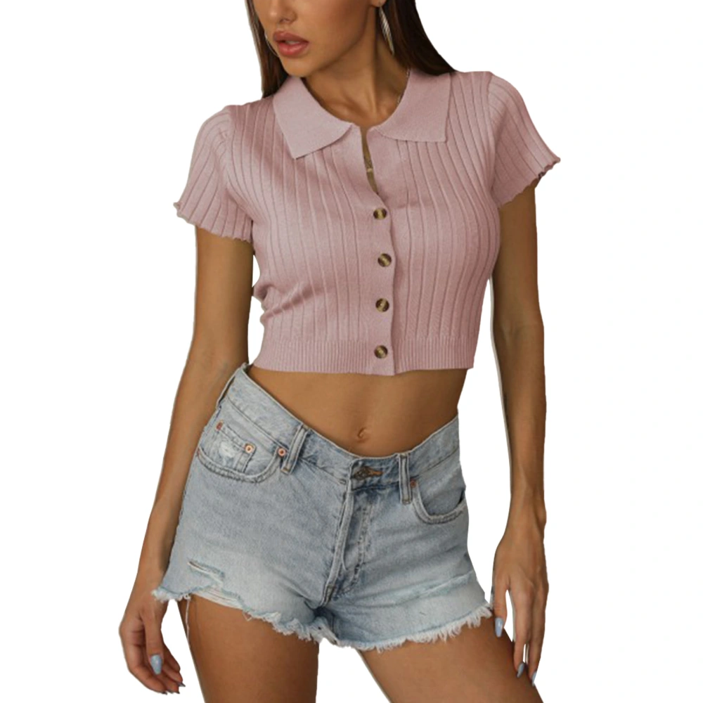 Women Short Sleeve Turn Down Collar T Shirt Slim Fit Pure Color Button Up Rib Knit Short Top for Dating Pink M