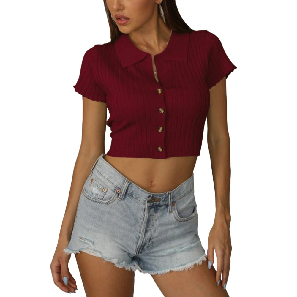 Women Short Sleeve Turn Down Collar T Shirt Slim Fit Pure Color Button Up Rib Knit Short Top for Dating Burgundy L