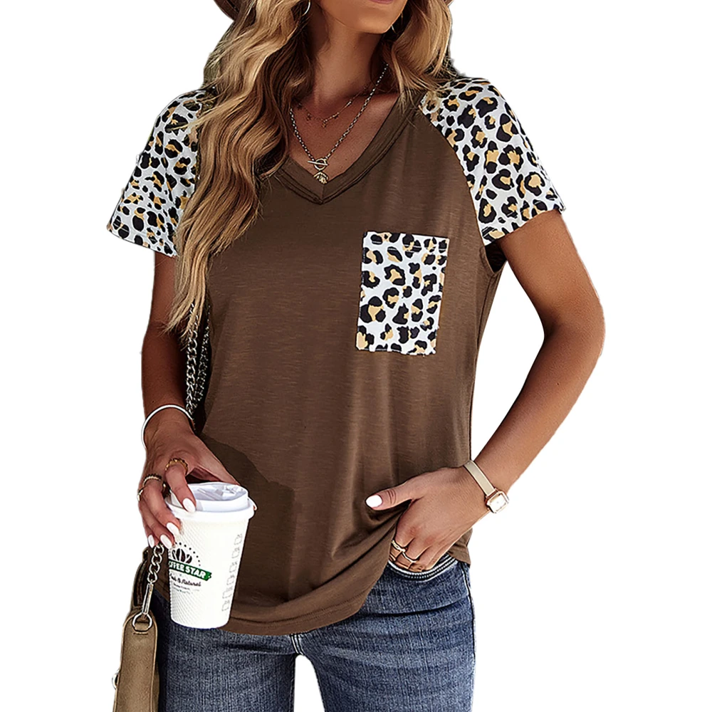 Woman Casual Top Short Sleeve Leopard Print Patchwork V Neck Pullover Blouse with Pocket Brown XL