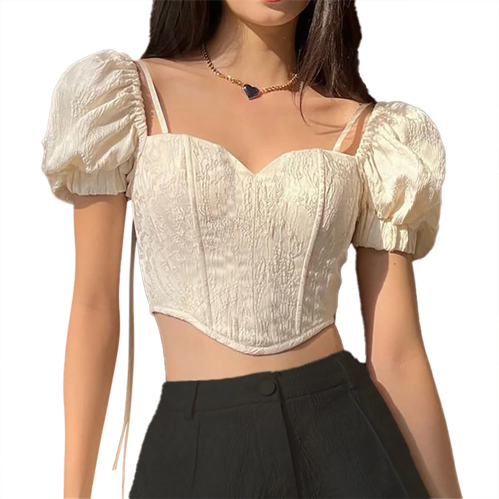 Women Short Puff Sleeves Top Irregular Hem Slim Cutting Back Shirring Elegant Blouses White L