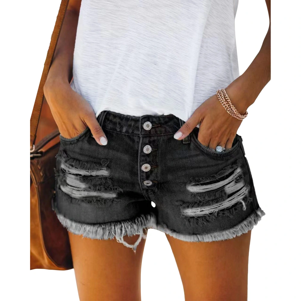 Denim Shorts Breathable Fashionable Casual Straight Breasted Tassel Distressed Denim Shorts for Women Summer Black M