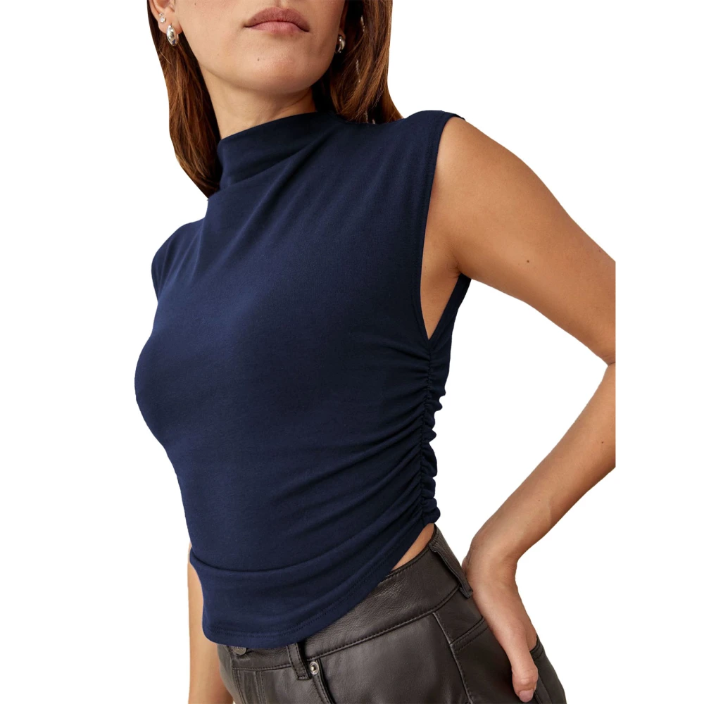 Women Half High Neck Tank Top Casual Elegant Pure Color Side Ruched Sleeveless Shirt for Dating Navy Blue M