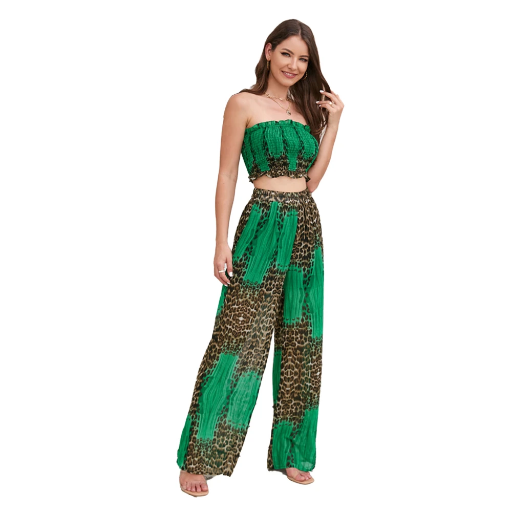 Women Strapless Top Long Pants Set Leopard Printing Halter Neck Summer Top Wide Leg Pants S Green