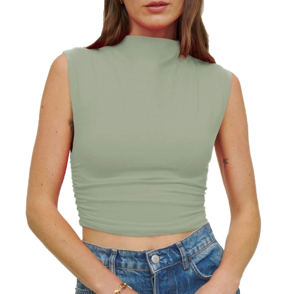 Women Half High Neck Tank Top Casual Elegant Pure Color Side Ruched Sleeveless Shirt for Dating Light Green S