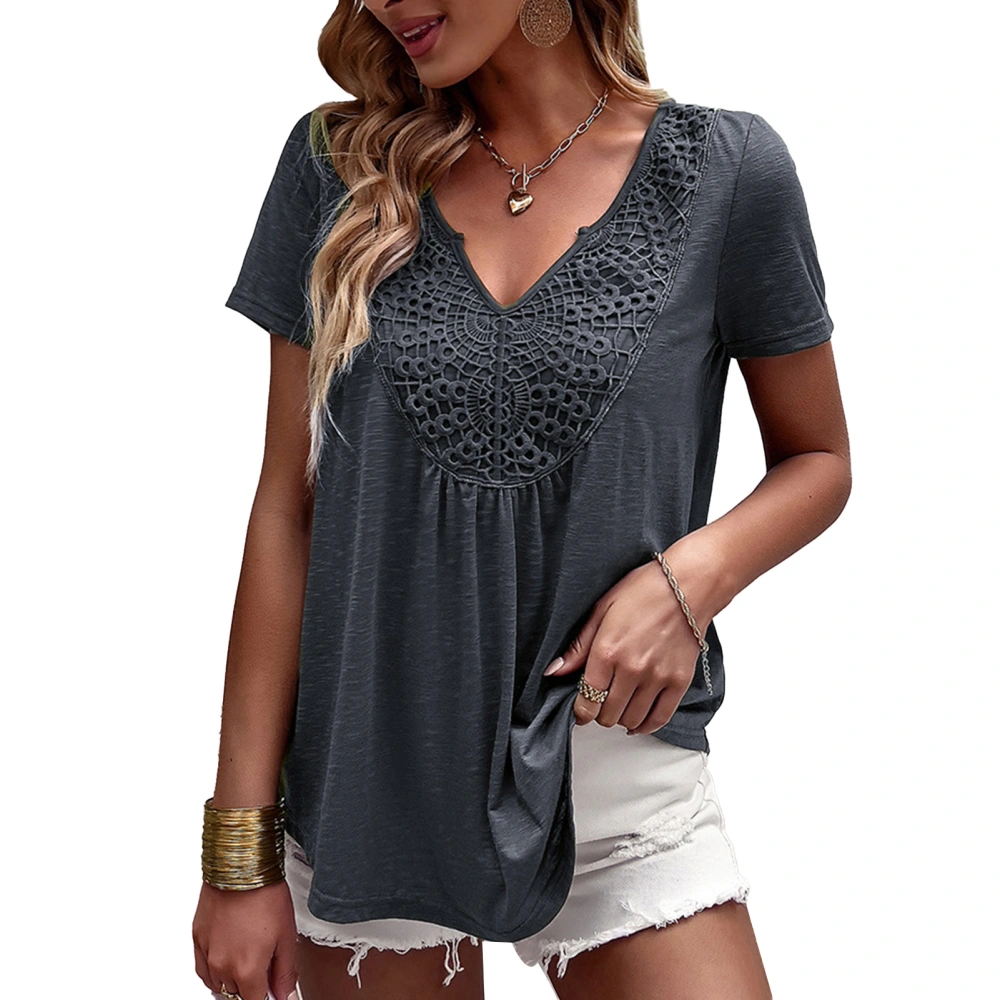 Women V Neck Top Lace Stitching Short Sleeves Loose Type Casual T Shirt for Summer Wear Grey L