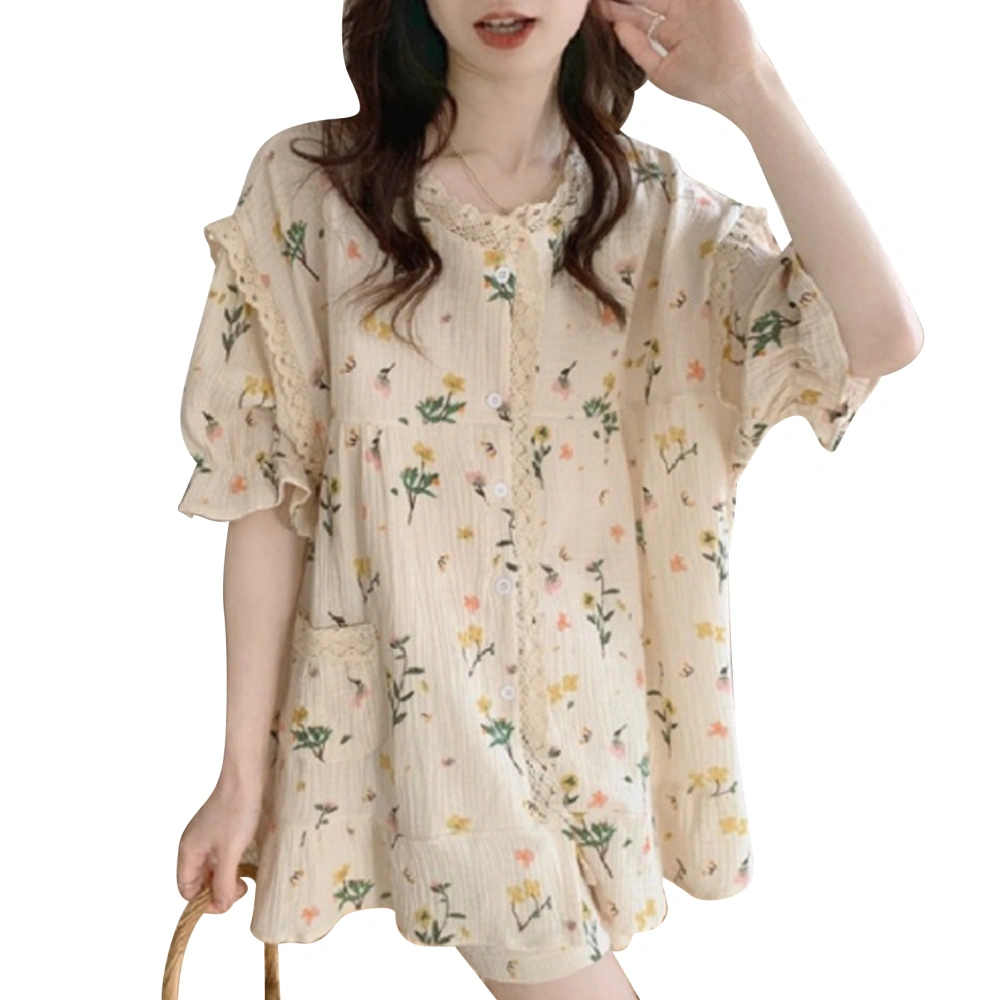 Women Short Sleeve Pajamas Set Loose Elegant Print Puff Sleeve Button Up Top Shorts Sleepwear Loungewear Floral Print M