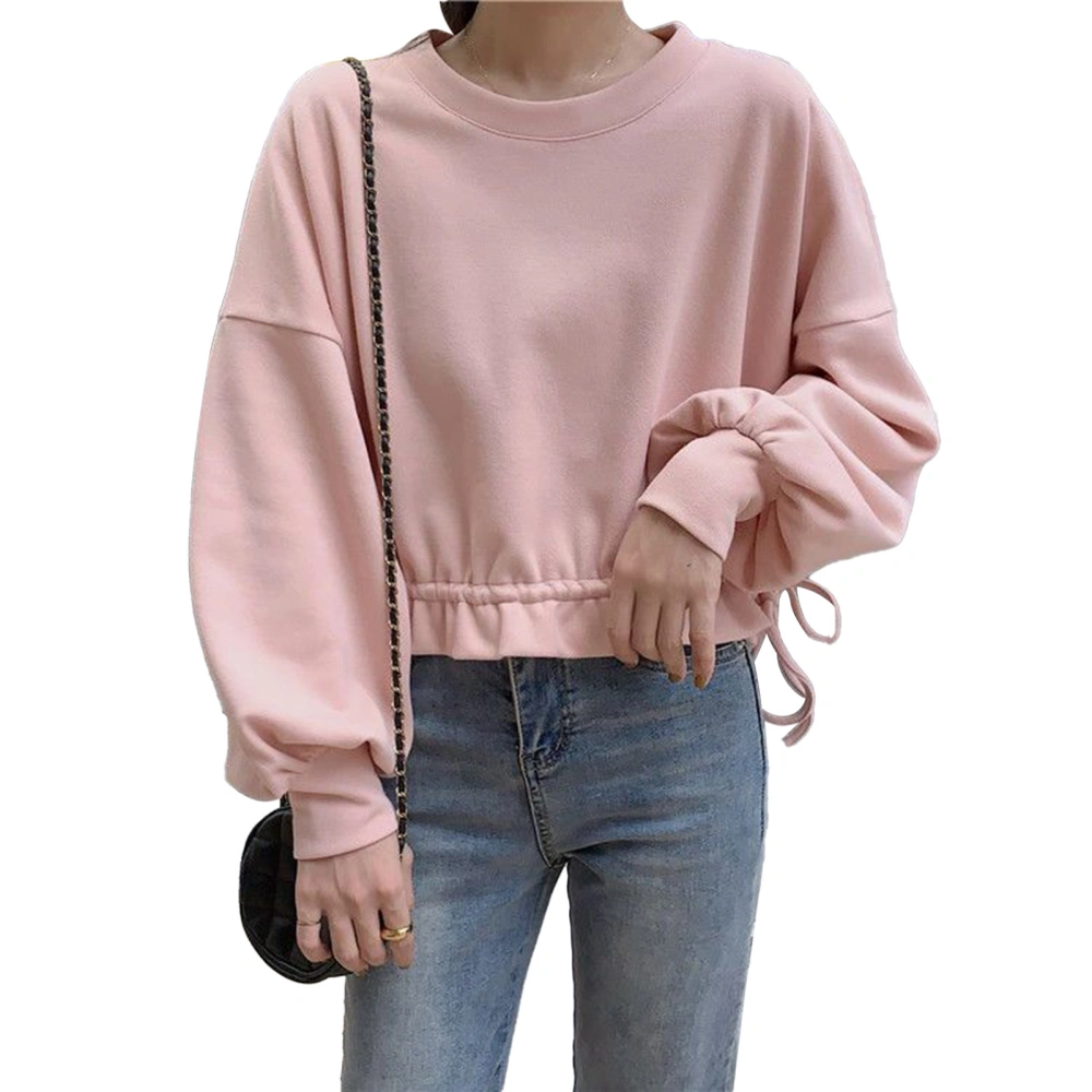 Women Crewneck Sweatshirt Elegant Casual Pure Color Long Sleeve Drawstring Hem Pullover Top Blouse Apricot L