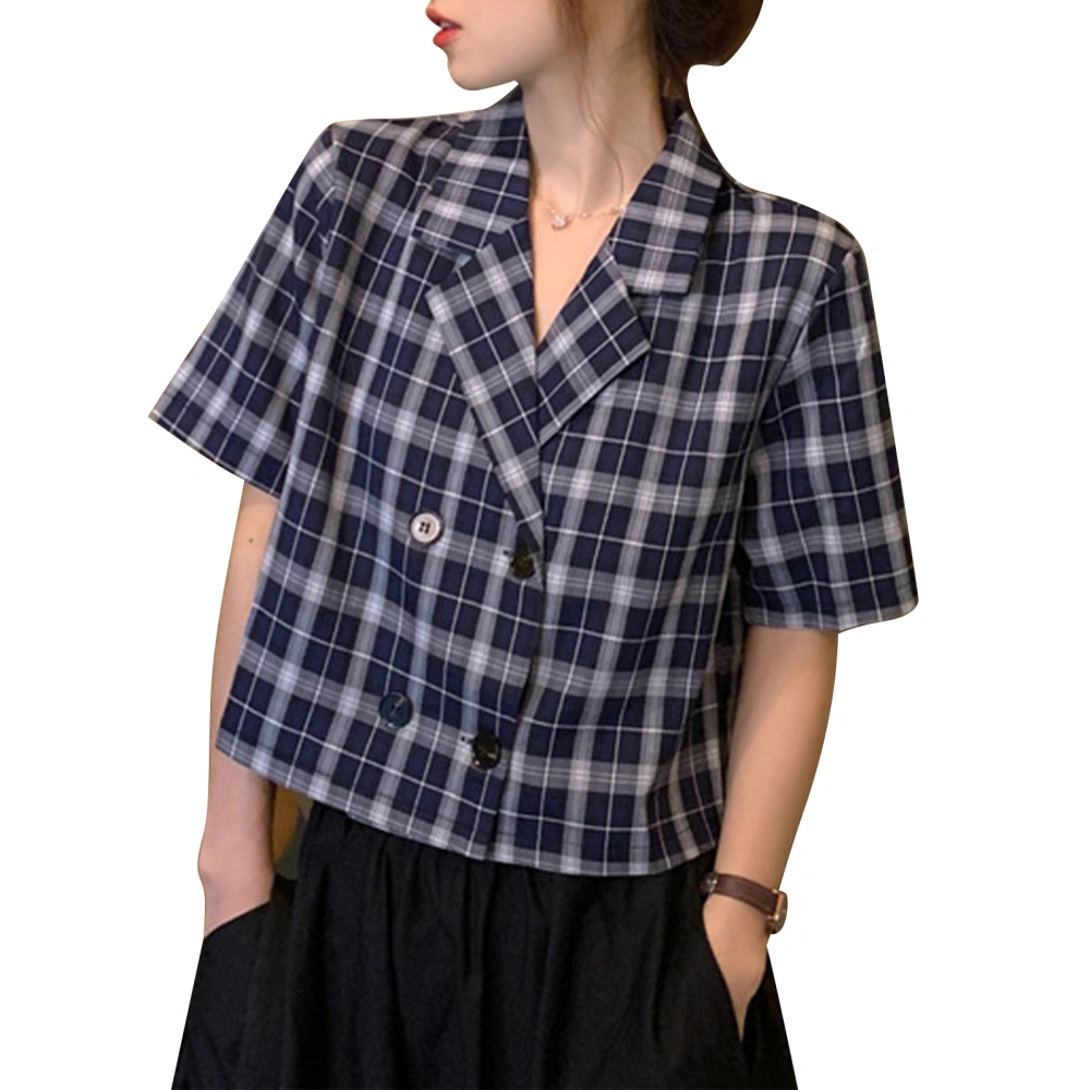 Women Short Sleeves Shirt Plaid Pattern Double Breasted Short Type Summer Casual Blouse Blue L