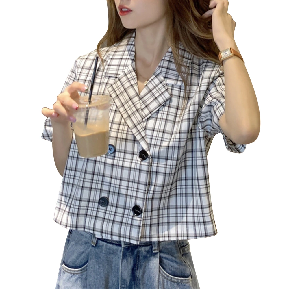 Women Short Sleeves Shirt Plaid Pattern Double Breasted Short Type Summer Casual Blouse White L