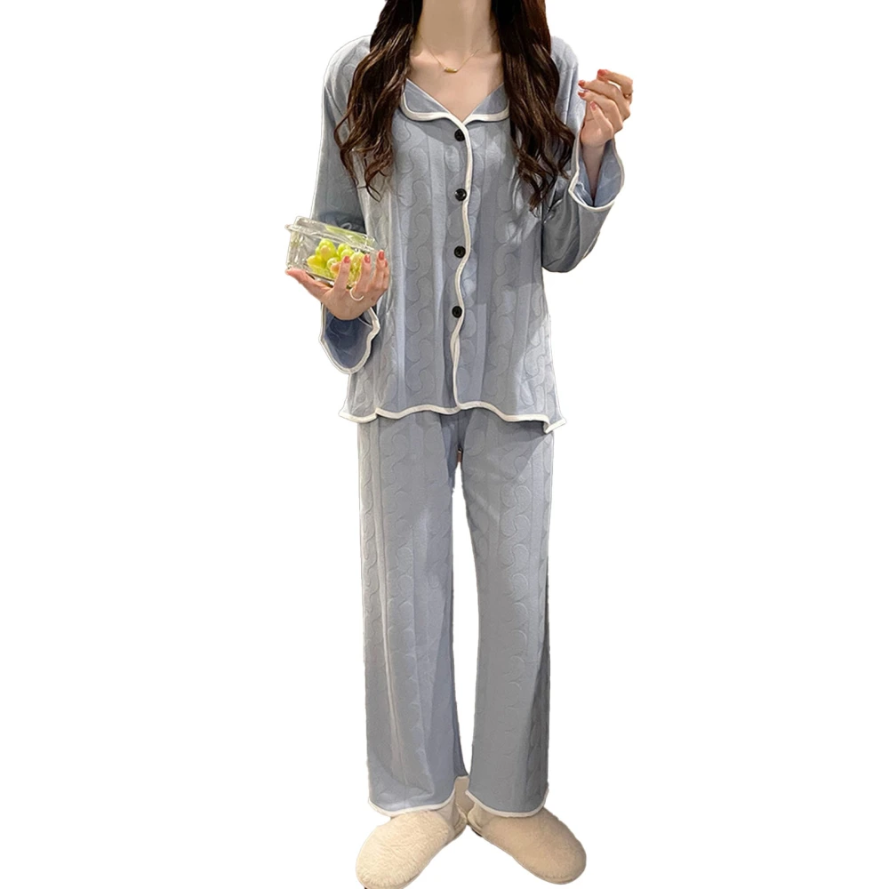 Long Sleeve Jammies Button Front Nightwear Milk Silk Soft Cuff Edge Long Pants Loungewear Jammies Blue L